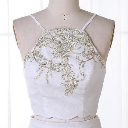 Two Piece Embroidered Mermaid White Prom Dress