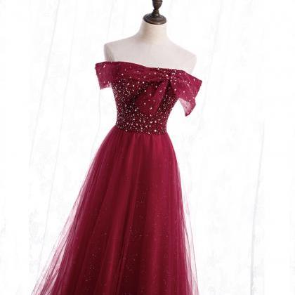 Burgundy Tulle Beads Long Prom Dress A Line..