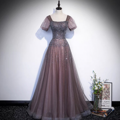Shiny Tulle Beads Long Prom Dress Evening Gown