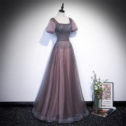 Shiny Tulle Beads Long Prom Dress Evening Gown