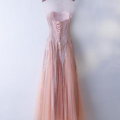 Custom Made Round Neck Lace Pink Prom Dresses,..