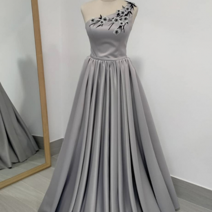 Chic,gray Satin Prom Dress One Shoulder Evening..