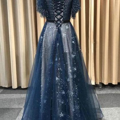 Blue tulle long prom dress, blue tulle evening dress,DS3969 main image 1