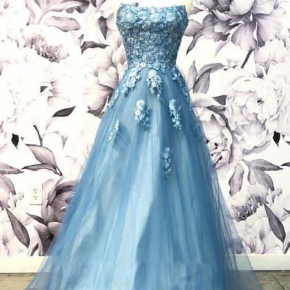 Blue Sweetheart Neck Tulle Applique Long Prom..