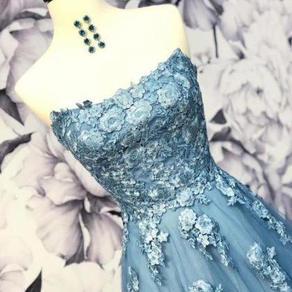 Blue Sweetheart Neck Tulle Applique Long Prom..
