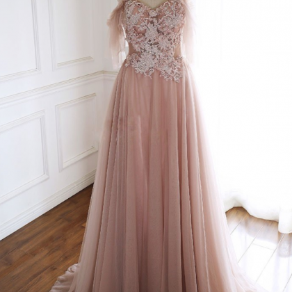 Unique Pink Tulle Lace Long Prom Dress, Pink..