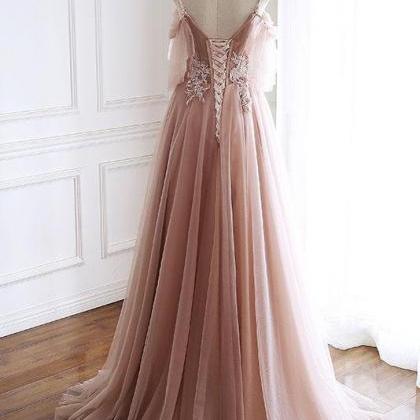 Unique Pink Tulle Lace Long Prom Dress, Pink..