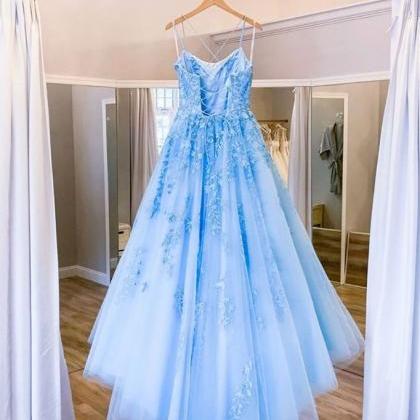 Blue round neck tulle lace long pro..