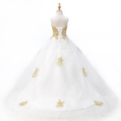 Fashion White With Gold Lace Flower Girls Dresses..