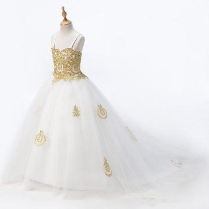 Fashion White With Gold Lace Flower Girls Dresses..