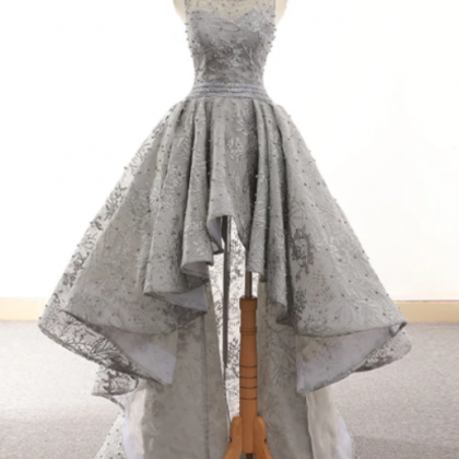Gray Tulle Lace High Low Prom Dress