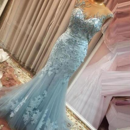 Blue Sexy Prom Dresses Long With Sheer Neckline..