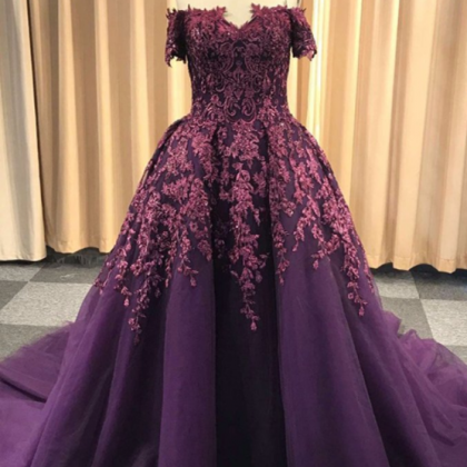 Purple Tulle Off Shoulder Strapless Sweep Train..