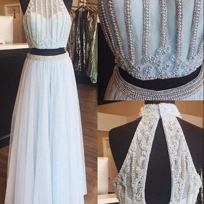 Light Blue Tulle Pearl Long Prom Dress, Two Pieces..
