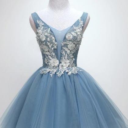 Blue Tulle Lace Short Prom Dress, Blue Tulle Lace..