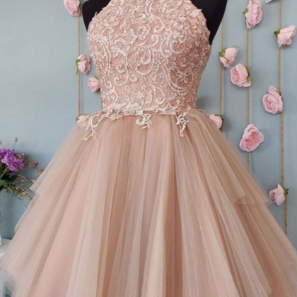 Pink Tulle Lace Short Prom Dress Lace Homecoming..