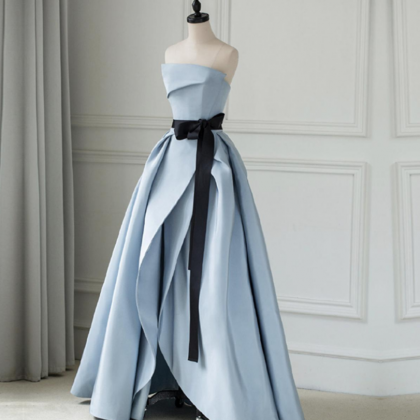 Blue High Split Prom Dress Long Strapless Backless
