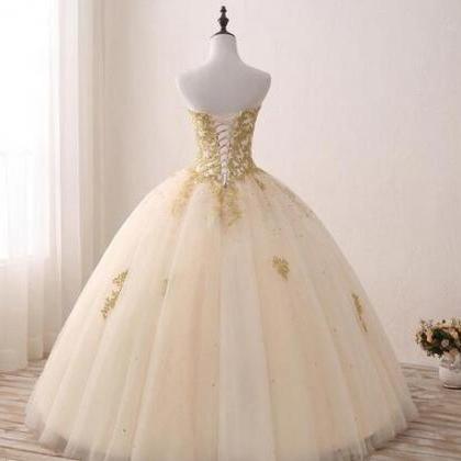 Real Images Gold Appliqued Ball Gown Quinceanera..