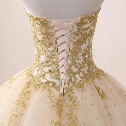 Real Images Gold Appliqued Ball Gown Quinceanera..