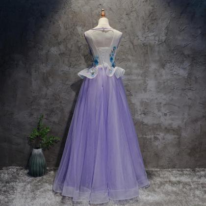 Charming Lavender Tulle Floor Length Floral Prom..