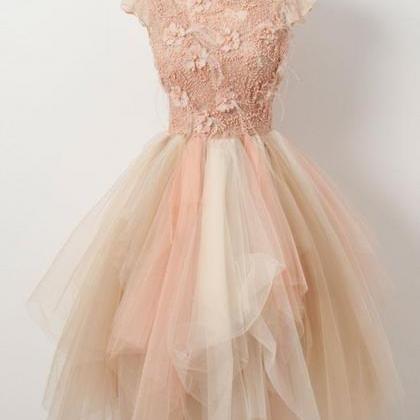 Champagne Tulle Beaded Short Homecoming Dress,..