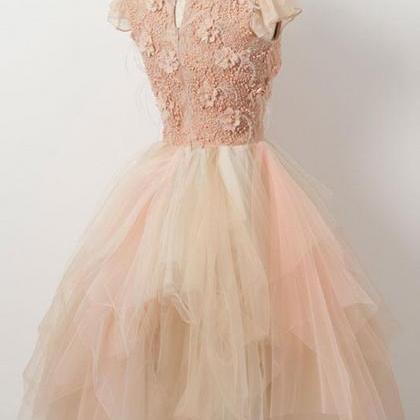 Champagne Tulle Beaded Short Homecoming Dress,..