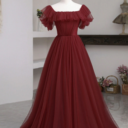 Prom Dresses,simple Burgundy Tulle Long Prom..