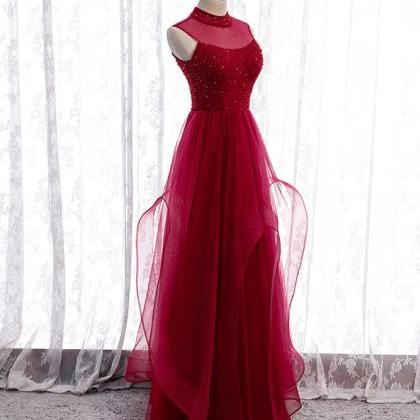 Prom Dresses, High Neck Tulle Sequin Beads Long..