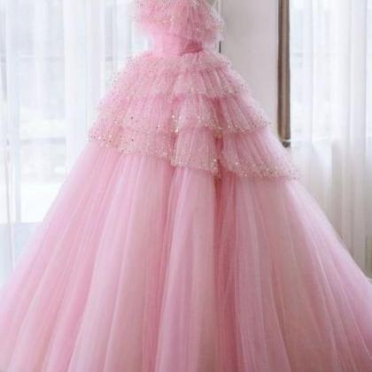 Pink Tulle Lace Long Prom Dress Pink Tulle Evening..