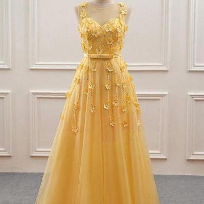 Yellow Flowers Beading Tulle Long Prom Dress..