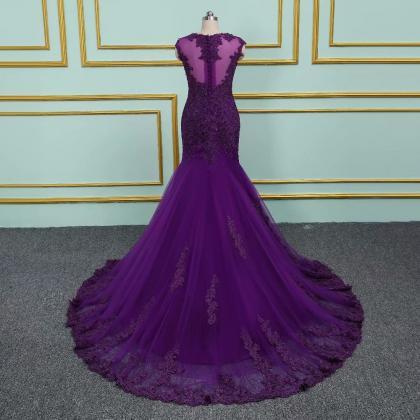 Purple Mermaid Long Prom Dresses Tulle Beaded..