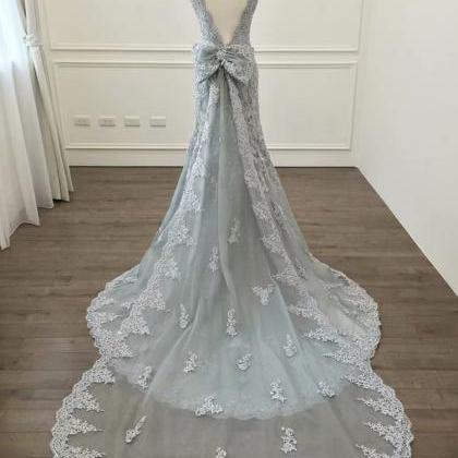 Grey Long Prom Dresses Tulle Lace Appliques..
