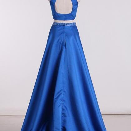 Prom Dresses V Neck Two-piece Satin With Beading..