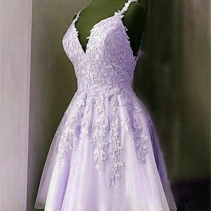 Lilac Tulle Short Straps Party Dress Homecoming..