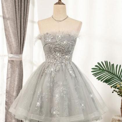 Lace Tulle Short Prom Dress, Gray Cocktail..