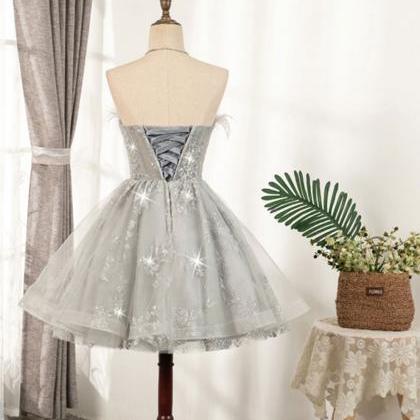 Lace Tulle Short Prom Dress, Gray Cocktail..