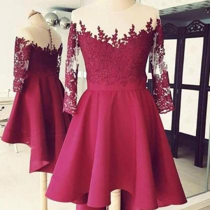 Burgundy High Low Applique 3/4 Sleeves Lace..