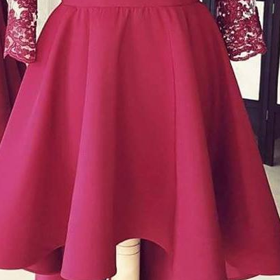 Burgundy High Low Applique 3/4 Sleeves Lace..