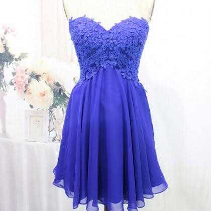 Lovely Short Blue Prom Dress With Lace Applique,..
