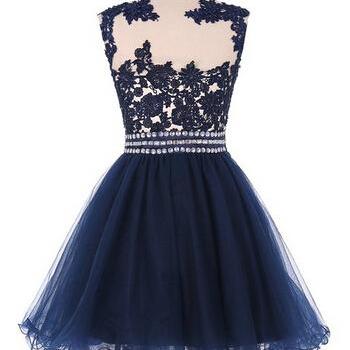 Lovely Navy Blue Short Lace Applique Prom Dresses,..