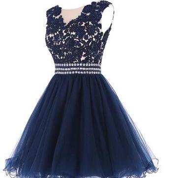 Lovely Navy Blue Short Lace Applique Prom Dresses,..