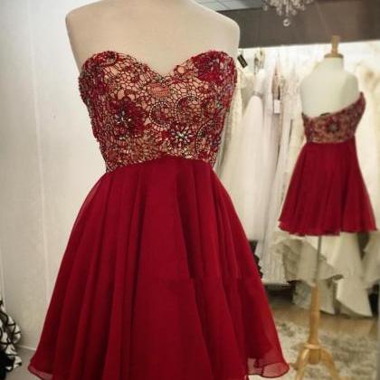 Lovely Short Burgundy Lace Beaded Prom Dresses,..