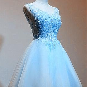 Light Blue Round Neckline Short Tulle Graduation Dress , Blue Party Dress, Blue Homecoming Dress main image 1