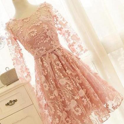 Pink Lace Short Prom Dress , Long Sleeves..