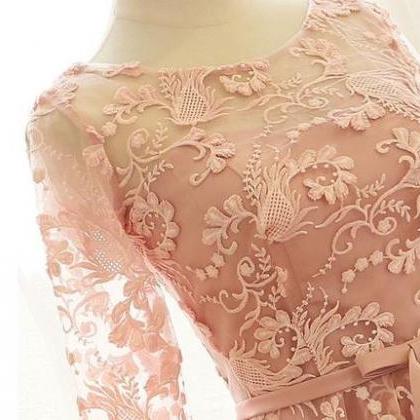 Pink Lace Short Prom Dress , Long Sleeves..