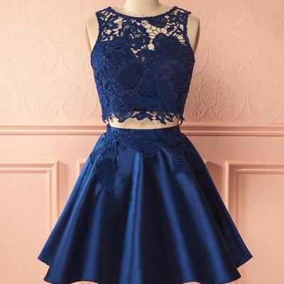 Cute Navy Blue Lace Two Pieces Short Prom Dress,..
