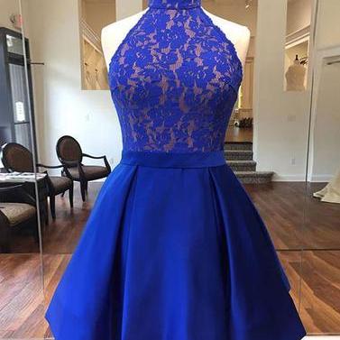 Royal Blue Lace Prom Dress, Halter Neck Mini Prom..