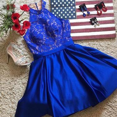 Royal Blue Lace Prom Dress, Halter Neck Mini Prom..
