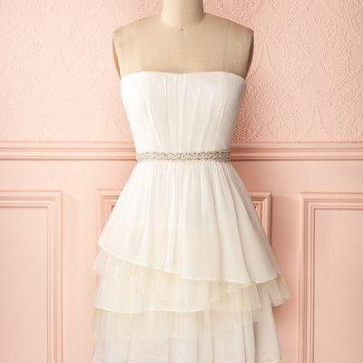 Vintage Prom Dress, White Prom Gowns, Mini Short..