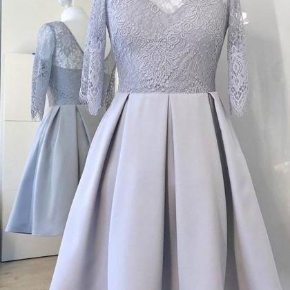 Long Sleeves Grey Homecoming Dress With Lace,..